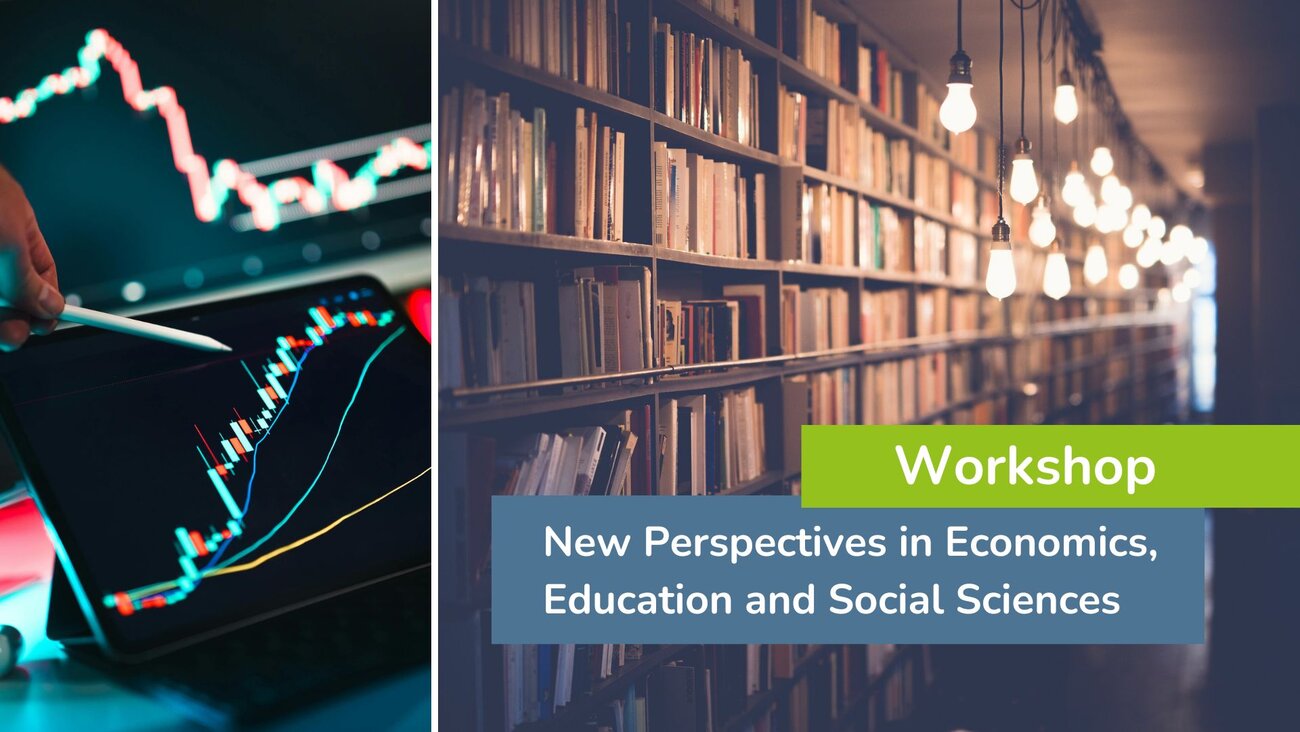 collage: left: graphs on a digital screen; right: a large book shelf with several lightbulbs hanging in front of it