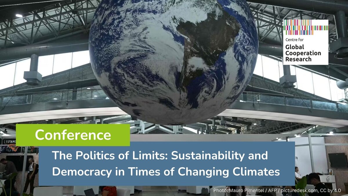 graphic with a photo of a large earth model hanging in a conference building