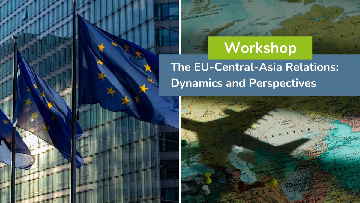 collage of two pictures: a photo of three EU flags on the left, a photo of a map showing Central Asia with a shadow of a plane on the right