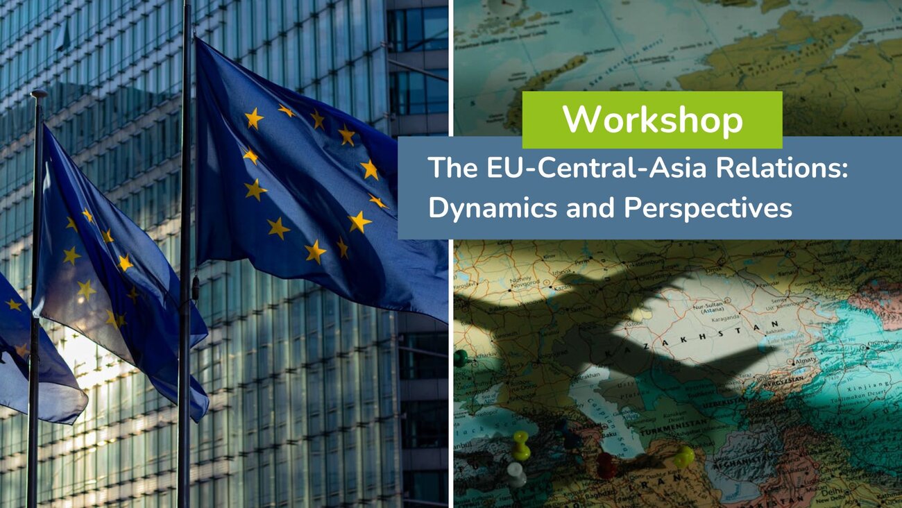 collage of two pictures: a photo of three EU flags on the left, a photo of a map showing Central Asia with a shadow of a plane on the right