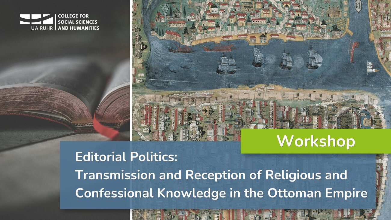 collage: a photo of an open book and a historic painting of Istanbul by Matrakçı-Nasuh