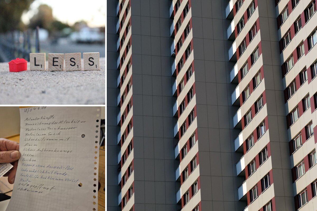 collage of photos: facade of a large housing block; a list of homeless activists' demands; a small model house followed by the letters L E S S on Scrabble tokens