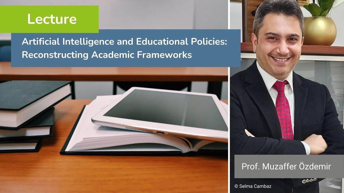 collage: a photo of books on a table and a tablet on top; a portrait photo of the speaker Muzaffer Özdemir