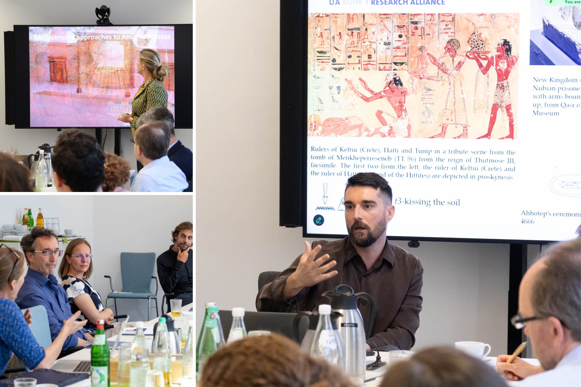 collage with 3 photos from the workshop 'Multisensory Approaches' showing different presenters and participants