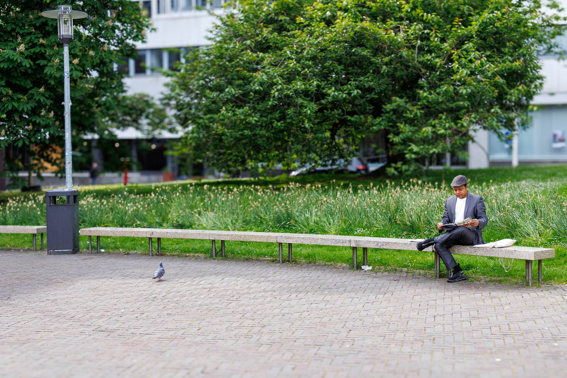 Imran Sabir sitting on a long stone bench in front of some greenery, reading a newspaper. A pidgeon is walking in front of the bench.
