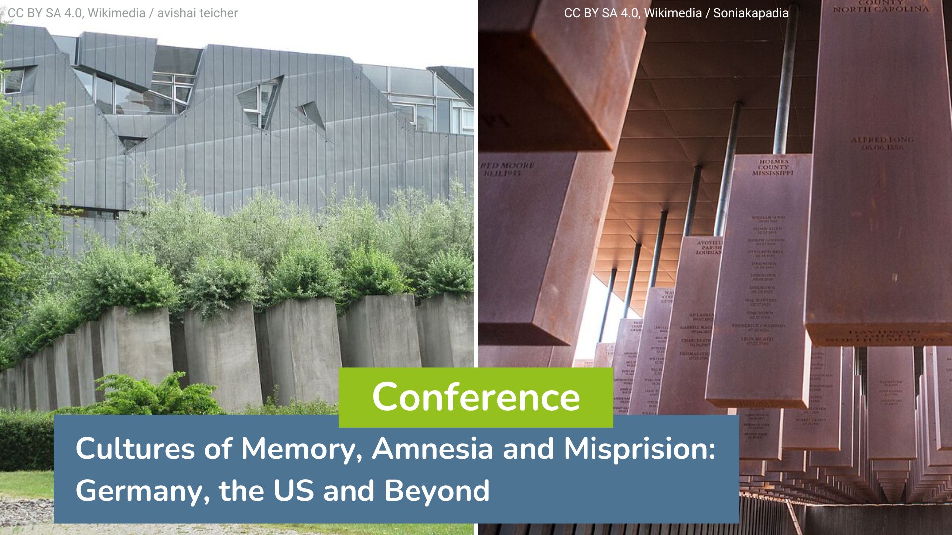 A collage combining photos of two memorials: the "Garden of Exile" at the Jewish Museum Berlin and The National Memorial for Peace and Justice in Alabama, USA